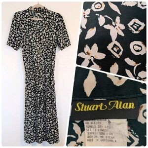 VTG 80s Stuart Alan Floral and Geometric Midi Dress Cottagecore Secretary Belted